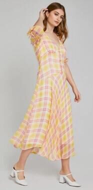 Ghost London Luella Pink Lemonade Plaid Maxi Dress S 1930s Puff Sleeve Viscose